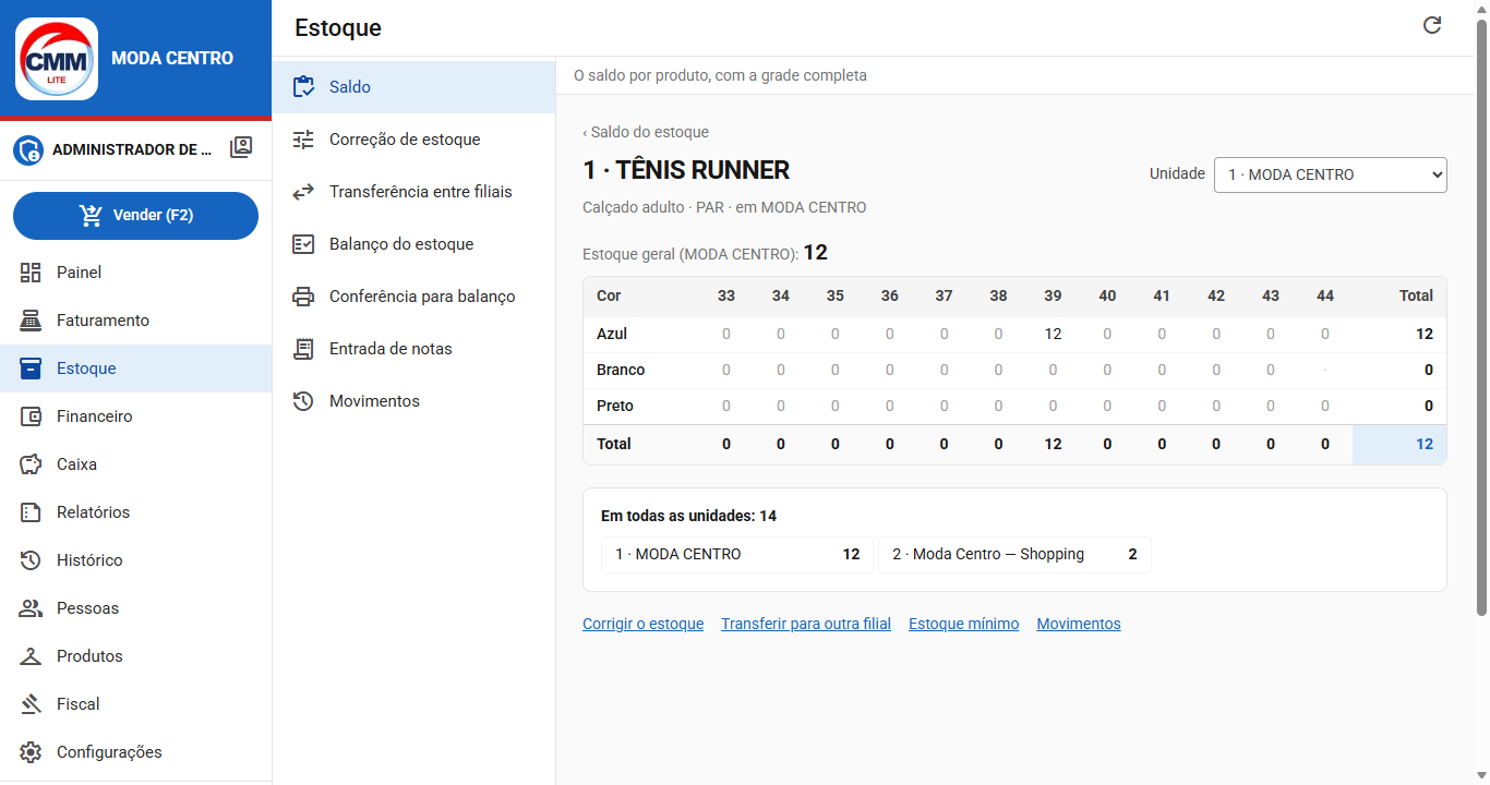 Estoque em grade no CMM LITE